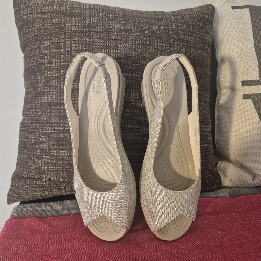 CROCS Women's Metallic Beige Wedge Slingback Sandals